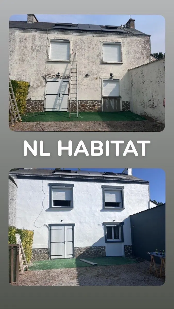 Avant et après le ravalement d'une maison en pierre par NL Habitat : peinture partie par plaques en haut, façade blanche reprise en bas